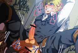 2boys anal arms_above_head artist_request bathroom blonde_hair blushing bound_wrists bowtie censored cum cum_inside durarara!! glasses grimace heiwajima_shizuo krtt leg_spread legs_held_open male male_only male_rape_victim malesub necktie penis pointless_censoring precum public_restroom public_use rape restrained restrained_arms restrained_legs restroom restroom_stall rope saliva suit sunglasses tape tears testicles tinted_eyewear toilet_stall torn_clothes underwear vest