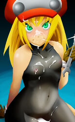 1girls blonde_hair clothes color cum cum_on_chest cum_on_face female gloves green_eyes hair mega_man mega_man_legends nipples roll_caskett see-through tool ultraspank