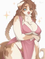 absurd_res anthro bra braided_hair braided_ponytail breasts brown_hair canid canine canis cleavage clothed clothing domestic_dog female floppy_ears hair heterochromia hi_res long_hair mammal neck_tuft open_dress panties ponytail redlemon simple_background solo sparkles tuft underwear
