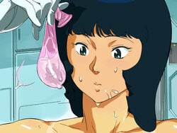 2009 black_hair blush condom cum fa_yuiry gloves gundam opocom saliva solo tan tanline used_condom volvox zeta_gundam