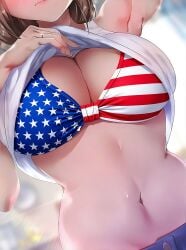 1girls 4th_of_july absurdres ai_generated america american american_female american_flag_bikini american_flag_bikini_top american_flag_print anime anime_style armpits attractive attractive_female blush breasts brown_hair celebrating celebration clothes_lift curvy curvy_female curvy_figure embrassed exposed_breasts eyes_out_of_frame female female_focus female_only fourth_of_july head_out_of_frame highres holidays hourglass_figure independence independence_day large_breasts lifting_own_clothes lips mirror_image narrow_waist national_holiday navel original_character pants patriot patriotic patriotic_clothing patriotism ring sexy sexy_body sexy_female shirt shirt_lift short_hair showing_off solo solo_focus stomach underboob united_states united_states_of_america upscaled white_shirt wide_hips
