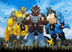 absurd_res aircraft anthro black_body black_fur blue_body blue_eyes blue_fur bulge canid canine city clothing destruction detailed_bulge felid fur generation_4_pokemon generation_7_pokemon genital_outline helicopter hi_res legendary_pokemon lucario luxray macro male mammal muscular muscular_male nintendo pokemon pokemon_(species) red_eyes shinx speedo spines swimwear vehicle wolfmalro yellow_body yellow_eyes yellow_fur zeraora