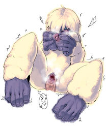 blue_eyes blush breast_grab breasts breath disembodied_penis feet fur furry green_eyes hair_over_one_eyes kanemaki_thomas large_nipples monster_girl pussy sex simple_background spread_legs trembling uncensored vaginal_penetration white_hair yeti