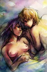 1boy 1girls artistic_nude bartz_klauser breasts brown_hair butz_klauser couple faris_scherwiz female final_fantasy final_fantasy_five holding_hands human interlocked_fingers koutoubu long_hair lying male nipples nude occipital purple_hair short_hair straight