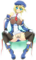 blazblue breasts clitoris highres large_breasts nipples noel_vermillion panties pubic_hair pussy see-through spread_legs thighhighs white_panties