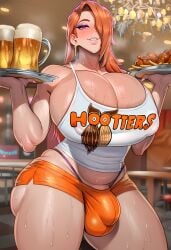 1boy 1male ai_assisted ai_generated beer big_ass big_bulge big_butt big_pecs bulge bulge_through_clothing feminine_faced_male feminine_male g-string gay gay_male hair_over_one_eye hooters hooters_uniform long_hair male male_only orange_hair pecs pectoral_cleavage pectorals seductive_eyes seductive_look serving_drink serving_food sweat sweaty thick_thighs waitress yaoi