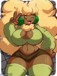 2025 anthro bottomwear brown_body brown_bottomwear brown_clothing brown_eyes brown_shorts cleavage_cutout clothing creatures_(company) creatures_inc. cutout female game_freak generation_5_pokemon gesture hair hand_gesture hi_res long_hair nintendo pokemon pokemon_(species) pokemon_bw sawcraft1 shorts solo sweater topwear two_fingers_up v_sign whimsicott