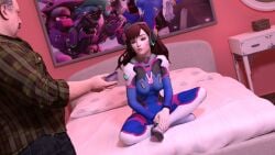 3d 3d_model art_style_clash blizzard_entertainment brian_irons brown_hair capcom clothed clothed_female clothed_male crossover d.va darkfaust eastern_and_western_character female gamer_girl light-skinned_female light-skinned_male light_skin male nail_polish old_male older_male older_male_and_younger_female on_bed overwatch overwatch_2 red_nails resident_evil resident_evil_2 resident_evil_2_remake room thinking