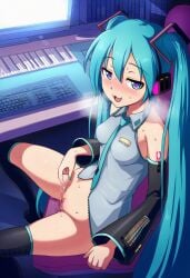 1girls 2d :3 ai_assisted ai_generated anime anime_style blue_eyes blue_hair clothes_on execro female_masturbation finger_on_pussy from_above half-closed_eyes hatsune_miku heart-shaped_pupils hi_res highres intimacy looking_at_viewer moaning night no_panties novelai open_mouth sitting small_breasts solo solo_focus spread_legs steamy_breath studio uncensored vocaloid wet_fingers wet_pussy