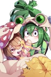 1boy2girls clothed_female_nude_male denki_kaminari hotvr komori_kinoko my_hero_academia oral_sex penis tagme threesome tsuyu_asui