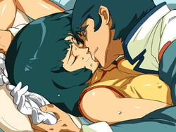 1boy 1girls 2009 2d 2d_(artwork) arm_grab arms_above_head arms_up black_hair breasts drool fa_yuiry faceless_male female female_focus gloves green_hair gundam held_down hi_res highres human kamille_bidan kissing light-skinned_female light_skin lying male missionary_position mosaic_censoring on_back opocom pinned_down restrained saliva short_hair tits volvox white_bed_sheet white_gloves wince wink wrist_grab zeta_gundam