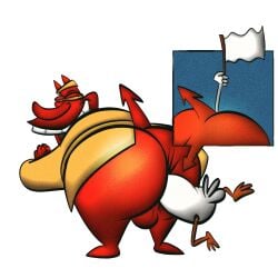 absurd_res anal anal_vore anthro anus ass avian balls big_butt bird bottomless cartoon_network chicken chicken_(cow_and_chicken) clothed clothing cow_and_chicken demon demon_humanoid duo feathers galliform gallus_(genus) genitals hi_res horn huge_butt humanoid joesanchez looking_at_another looking_back looking_back_at_another male phasianid raised_tail red_body smile spade_tail surrendering tail the_red_guy vore white_body white_feathers white_flag