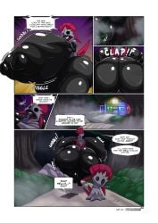 absurd_res after_transformation after_vore anthro big_breasts black_body breasts comic female foxynoms generation_1_pokemon generation_4_pokemon generation_7_pokemon hi_res huge_breasts hyper hyper_breasts mammal mimikyu nintendo nipples pokemon pokemon_(species) purple_body red_eyes solo speech_bubble tail tentacle vore weavile