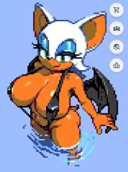 barely_contained barely_contained_breasts barely_fits green_eyes huge_breasts looking_at_viewer membranous_wings mobian_(species) pixel_art rouge_the_bat sega sling_bikini sonic_(series) sonic_the_hedgehog_(series) tight_fit viewed_from_above white_hair wplace wplace_(artwork)