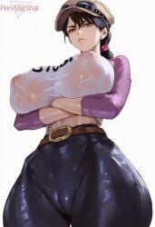 1girls ai_generated bleach busty cameltoe crossed_arms female huge_breasts ikumi_unagiya marshalperv pervmarshal shiny_skin wet_clothes white_background wide_hips