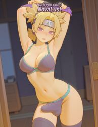 1boy 1futa 2025 ai_generated artist_name blonde_hair blurry blurry_background blurry_foreground blush bra bulge cock depth_of_field dick futanari headband hi_res high_quality high_resolution highres indoors male_focus motion_blur naruto_(series) navel novalust otoko_no_ko panties patreon patreon_username penis solo stable_diffusion temari testicles thighhighs underwear watermark