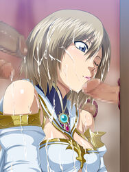 ashelia_b'nargin_dalmasca bare_shoulders blonde_hair blue_eyes breasts bukkake censored cum cum_on_body cum_on_breasts cum_on_hair cum_on_upper_body cumdrip dark-skinned_male facial female final_fantasy final_fantasy_xii flapper_shirt glory_hole highres lipstick penis raburebo short_hair solo sweat wink