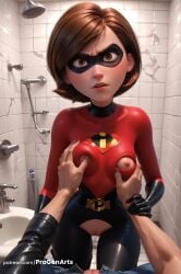 1boy 1boy1girl 1girls ai_generated artist_name bathroom belt black_gloves bodysuit breasts brown_eyes brown_hair crotch_cutout disney domino_mask elastigirl female_pov gloves grabbing grabbing_another's_breast guided_breast_grab guiding_hand helen_parr hi_res latex lips looking_at_viewer mask nipples parted_lips patreon_username penis pixar pov pov_hands progenarts pussy short_hair small_breasts solo_focus straight superhero superheroine the_incredibles the_incredibles_2 tile_wall torn_clothes uncensored web_address