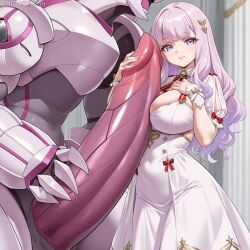 1pokemon ai_generated animal_genitalia azur_lane big_breasts claws cleavage female hand_on_penis huge_cock hugging_penis interspecies light-skinned_female looking_at_viewer nameless_gooner palkia pink_penis plymouth_(azur_lane) pokemon pokemon_(species) pokephilia white_dress