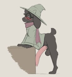 balls bent_over black_fur black_glasses blush blushing bottomless caprine deltarune emenius eyewear floppy_ears foreskin gigantic_penis glasses goat green_hat half-erect hat headwear male partially_retracted_foreskin penis pink_scarf ralsei scarf side_view tail uncut