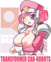 1girls bb breasts brown_hair cradling female hat large_breasts purple_eyes t-ai tactical_artificial_intelligence text topless transformers uniform wink winking