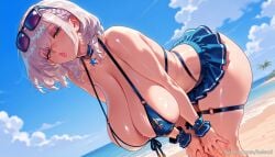 ai_generated balecxi beach bikini_skirt blue_bikini blue_sky blush cleavage day eyewear_on_head female front-tie_top green_eyes hanging_breasts hololive hololive_japan huge_breasts looking_at_viewer ocean outdoors shirogane_noel short_hair skindentation solo sunglasses swimsuit thigh_strap thighs virtual_youtuber