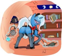 angry blue_fur blush book cleaning friendship_is_magic horn looking_back maid my_little_pony night no_panties pussy smooth_skin tail teeth trixie_(mlp) unicorn zev