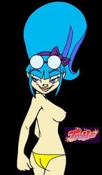 1girls black_background blue_eyes blue_hair breasts female female_only half-closed_eyes looking_away nipples panties sapphire_trollzawa smile solo topless trollz