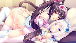 2girls :d after_sex all_fours animal_ears ass ass_grab back bangs bare_shoulders bed bell black_hair blue_eyes blunt_bangs blush bottomless bow breasts breasts_out brown_eyes cat_ears cat_tail chocola_(sayori) choker copyright_name cum cum_in_pussy cum_on_body cum_on_clothes cum_on_hair cum_on_lower_body cumdrip detached_sleeves facial female female_only flower frills from_side game_cg hair_flower hair_ornament hairband hairbow hug indoors jingle_bell logo lolita_fashion lolita_hairband long_hair looking_at_viewer low_twintails lying multiple_girls nail_polish nekopara nipples on_back on_bed open_mouth pillow puffy_sleeves purple_legwear ribbon rose sandwich_position sayori sisters skindentation small_breasts smile spread_legs strap_slip sweat tail thighhighs tied_hair twins twintails vanilla_(sayori) very_long_hair white_hair white_legwear wrist_ribbon