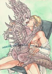 1boy 1girls alien alien_girl alien_humanoid ass balls big_breasts boobs breasts closed_eyes female human_on_alien kissing kissing_while_penetrated monster monster_girl nipples penetration penis red_lips red_nipples saniika sil species species_(franchise) vagina vaginal vaginal_penetration vaginal_sex