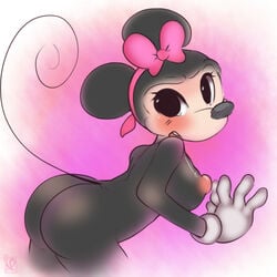 4_fingers alternate_body_type anthro ass bent_over black_fur blush bow breasts female fur furry_ass furry_breasts furry_ears gloves looking_aside mammal minnie_mouse mostly_nude mouse nipples open_eyes open_mouth pale_skin pink_nipples raised_tail rodent round_ears side_view tail toony yuuri