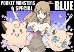 armpits assisted_exposure bare_shoulders black_dress breasts breasts_out brown_eyes brown_hair clavicle clefairy collarbone exposed_breasts green_(pokemon) ha! human human_only jigglypuff nintendo nipples pokeball pokemon pokemon_(manga) pokemon_(species) pokemon_adventures pokemon_rgby pokemon_special small_breasts spread_arms torn_clothes translation_request turtleneck_dress w_arms wakipai white_gloves