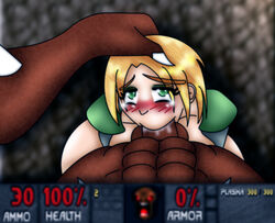 1boy 1girls abs blonde_hair blush crying demon doom doom_slayer_(doom) english_text fellatio female gameplay_mechanics green_eyes head_grab imp_(doom) interspecies kneeling male_pov malphasbcs oral penis pov rape rule_63 tears text