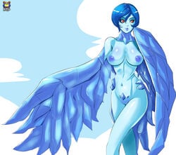 anivia blue_hair blue_skin breasts female harpy human humanized ice kyoffie league_of_legends monster_girl navel nipples nude orange_eyes parted_lips personification pussy smile solo standing wings