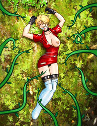 blonde_hair bloody_roar bondage breasts clothing defeated female femsub gag gagged gloves jenny_burtory jenny_the_bat necrovert/ahunter/zarathul nipples panties plant short_hair tagme tentacle torn_clothes vines web webbed_feet