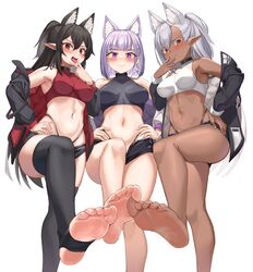 3girls absurd_res animal_ears bare_shoulders barefoot black_hair blush breasts chocolate_and_vanilla choker dark-skinned_female dark_skin earrings feet female female_only from_below highres legs long_hair looking_at_viewer midriff multiple_girls navel open_mouth original panties pharamacom pointy_ears purple_eyes purple_hair red_eyes short_hair short_shorts shorts silver_hair simple_background smile soles stirrup_legwear thighhighs thighs toeless_legwear toenails toes tongue tongue_out white_background