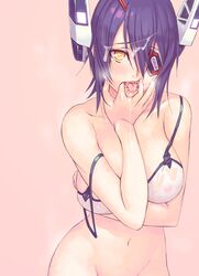 bangs bare_shoulders bikini blush bottomless breasts collarbone cum cum_in_mouth eye_patch facial female finger_in_mouth groin hair_between_eyes headgear heart heart-shaped_pupils kantai_collection large_breasts looking_at_viewer navel nipples open_mouth orange_eyes out-of-frame_censoring pink_background purple_hair see-through short_hair simple_background solo strap_slip swimsuit symbol-shaped_pupils tenryuu_(kantai_collection) white_bikini white_swimsuit yuuji_(and)