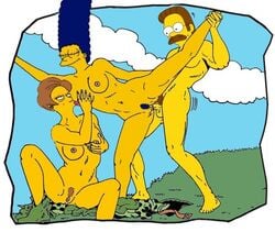 1boy 2girls bisexual breasts color day edna_krabappel female human insertion male marge_simpson multiple_females ned_flanders nipples nude outdoors penis raised_leg sex sitting straight tagme the_simpsons threesome