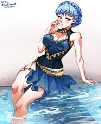 1girls adapted_costume alternate_costume bare_shoulders blue_hair blue_one-piece_swimsuit blush braid breasts brown_eyes casual_one-piece_swimsuit cleavage cleavage_cutout clothing_cutout crown_braid female female_only fire_emblem fire_emblem:_three_houses fire_emblem_heroes hand_on_own_cheek hand_on_own_face looking_at_viewer marianne_von_edmund medium_breasts minacream nintendo one-piece_swimsuit open_mouth sarong short_hair smile solo swimsuit water