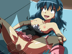 beige_skin blue_hair boots breasts clothes color dawn_(pokemon) female hair human long_hair lying male manzoku nipples on_back open_eyes open_mouth pokemon pussy sex silhouette straight vaginal_penetration vulva