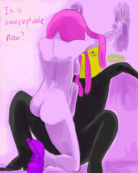 adventure_time assertive assertive_female clothed_male_nude_female dialogue dominant_female earl_lemongrab femdom high_heels malesub naked_footwear naked_heels nude_female_clothed_male pink_hair pink_skin princess_bubblegum step_pose stepped_on stepping tagme text