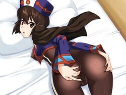 ass ass_grab bed black_eyes bodysuit breasts brown_hair cape chloe_valens erect_nipples female from_behind hat highres hou_(hachiyou) large_breasts legs looking_back pillow short_hair solo tales_of_(series) tales_of_legendia thighs top-down_bottom-up