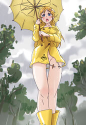 blue_eyes blush female female_only from_below hair_ornament hairclip human kirino_kosaka kiriririn labia long_hair naked_coat no_panties orange_hair ore_no_imouto_ga_konna_ni_kawaii_wake_ga_nai rain raincoat solo umbrella wellingtons