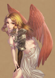 1girls arm_support asymmetrical_clothes back blonde_hair breasts bridal_gauntlets brown_background cleavage female highres iuria_wolph jewelry large_breasts leaning_forward long_hair looking_at_viewer necklace ogre_battle simosi solo standing tactics_ogre wings yellow_eyes