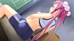 areolae ass blush breasts club_d female game_cg gym_storeroom gym_uniform highres honda_naoki legs long_hair looking_down masturbation nakamura_yui nipples no_bra open_mouth pink_eyes pink_hair saliva shirt_lift shorts sitting small_breasts solo sweat thighs