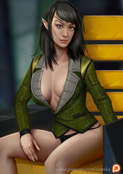 2016 alien artist_name chair cleavage dark_hair dated female forehead_ridges green_eyes humanoid looking_at_viewer on_chair original_character panties patreon_username pointy_ears romulan_(species) sitting solo star_trek star_trek_online tiaru_jarok url ynorka