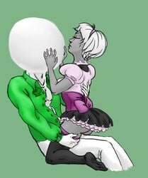 1boy 1girls ass closed_eyes clothing doc_scratch dress green_scales grey_skin hairband homestuck ms_paint_adventures no_face rose_lalonde sharona stockings straight white_hair white_skin