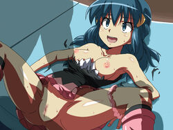 beige_skin blue_hair boots breasts clothes color dawn_(pokemon) female hair human long_hair lying male manzoku nipples on_back open_eyes open_mouth pokemon pussy silhouette vulva