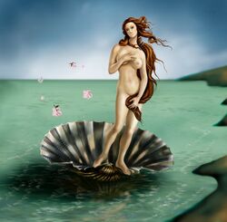 1girls aphrodite aphrodite_(greek_mythology) areolae beach blue_eyes breasts female female_focus female_only fine_art_parody front_view greek_mythology long_hair looking_at_viewer mythology nipples nude nude_female public_domain red_hair roman_mythology solo solo_female tagme the_birth_of_venus venus