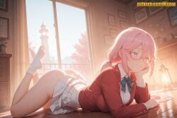 1girl ai_generated arched_back ass backlighting blazer blue_bow blue_bowtie blue_eyes blush bow bowtie breasts classroom_of_the_elite clock closed_mouth clothes_lift collared_shirt day dress_shirt elbow_rest feet feet_up full_body glasses hair_between_eyes hand_on_own_cheek hand_on_own_face head_rest indoors jacket lamp large_breasts legs long_hair long_sleeves looking_at_viewer low_twintails lying medium_breasts nivora no_panties no_shoes on_floor on_stomach photo_(object) picture_frame pink-framed_eyewear pink_hair plant pleated_skirt potted_plant red-framed_eyewear red_jacket reflective_floor sakura_airi school_uniform semi-rimless_eyewear shirt skirt skirt_lift smile socks soles solo the_pose thighs twintails under-rim_eyewear white_shirt white_skirt white_socks window wooden_floor youkoso_jitsuryoku_shijou_shugi_no_kyoushitsu_e